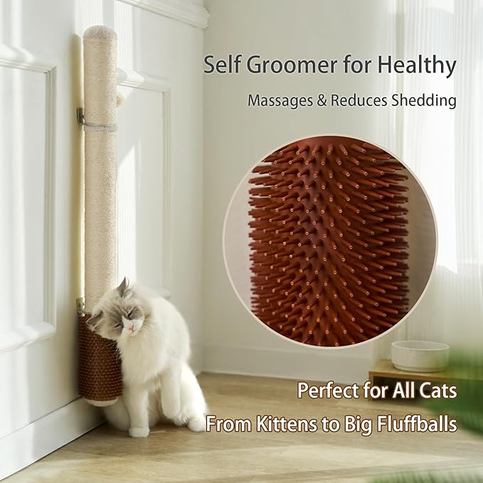 34" Extra-Tall Wall Mounted Cat Scratcher – Vertical Sisal Scratching Post for Large Cats, Space-Saving Cat Wall Climber with Self-Grooming Brush & Hanging Ball Toy, Modern Brown Decor
