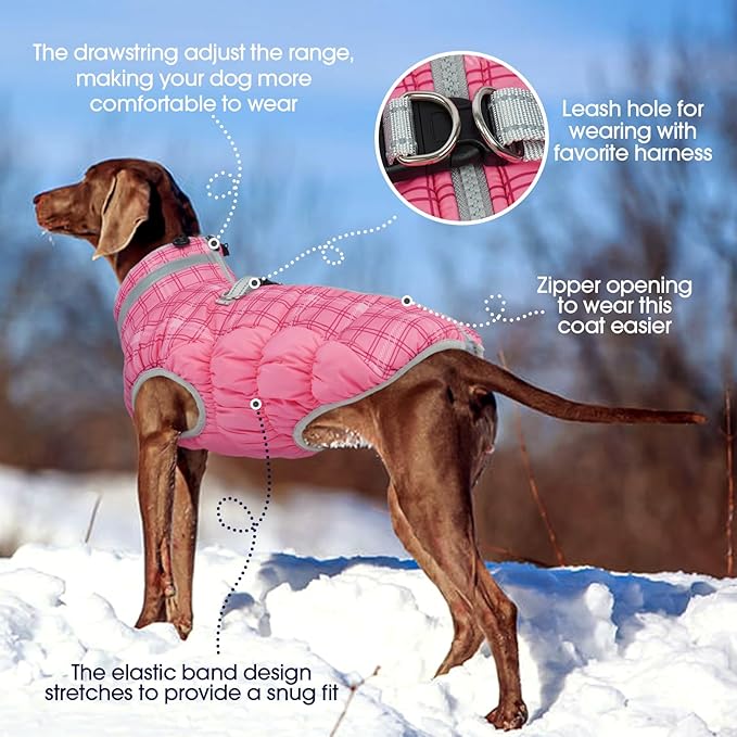 FUAMEY Dog Coat for Large Dogs,Waterproof Dog Winter Jacket with Harness Built in Puppy Cold Weather Coats Reflective Pet Vest with Zipper Warm Fleece Dogs Snowsuit Windproof Rose Plaid L