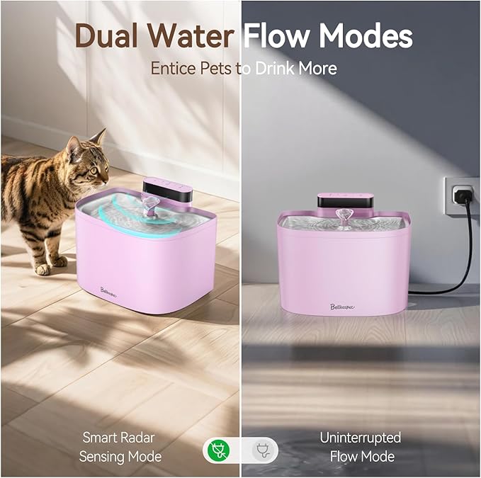 Cat Water Fountain, App Control Cat Fountain, 122oz/3.6L Pumpless Water Fountains for Cats Indoor with Stainless Steel Tray, Wi-Fi Dog and Pet Water Fountain (Pink, Fountain+2 Fliters)