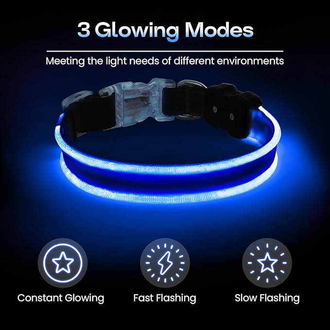 PcEoTllar Light up Dog Collars Rechargeable, LED Dog Collar Night Walking, Waterproof Flashing Glow in The Dark Dog Collars, Adjustable Dog Lights for Large Small Medium Dogs Blue-m