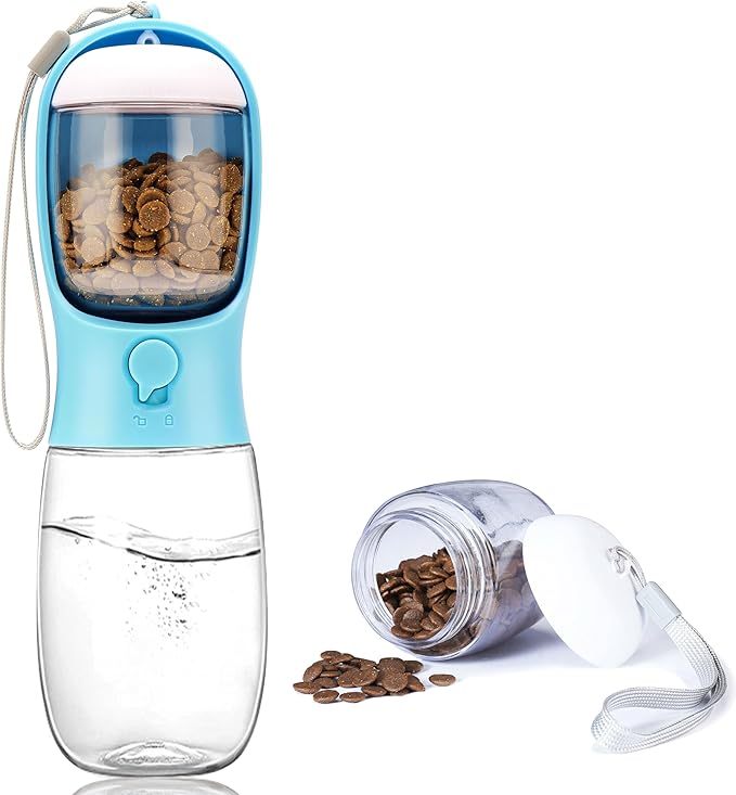 Portable Dog Water Bottle with Food Container,15oz Leak-Proof Pet Water Dispenser for Dogs, Cats, Puppies,Built-in Activated Carbon Filter for Travel,Hiking, Walking,and Outdoor Activities
