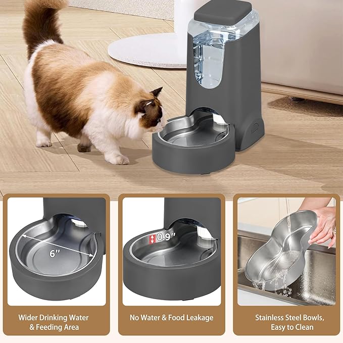 Automatic Cat Water Feeder and Food Bowl, Gravity Stainless Steel Cat Waterer Set for Small Medium Kitten Puppy Pets(1 Gallon + 12oz,Grey)