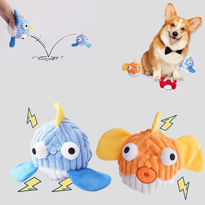 Squeak Dog Toys for Aggressive Chewers, No Stuffing Squeak Dog Chew Toys for Aggressive Chewers, Interactive Dog Toy Ball with Crinkle Paper for Medium Dogs, Large & Small Breeds (F-Whale+Fish)