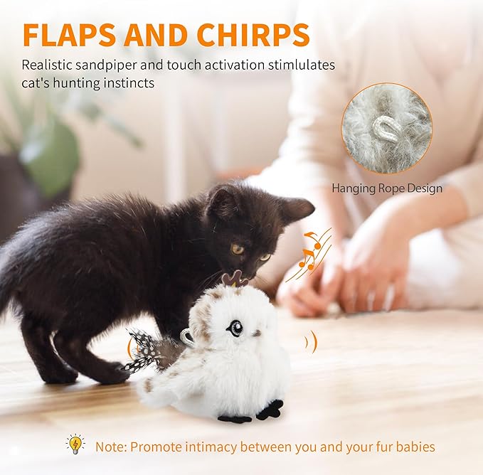 Gigwi Flappy Bird Cat Toy For Indoor Cats, Rechargeable Lifelike Sandpiper Interactive Flapping Bird Cat Toy Tweet, Flapping Wings & Lively Chirping, Catnip Toys For Kitten, Touch Activated (Prince)