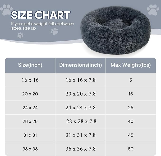 Calming Round Cute Cat & Dog Bed, Anti-Slip Washable Cozy Soft Round Pet Bed, Fluffy Faux Fur Plush Dog Cuddler Bed Fits up to 15 lbs Dogs and Cats(Donut Dark Grey, 20inch x 20inch)