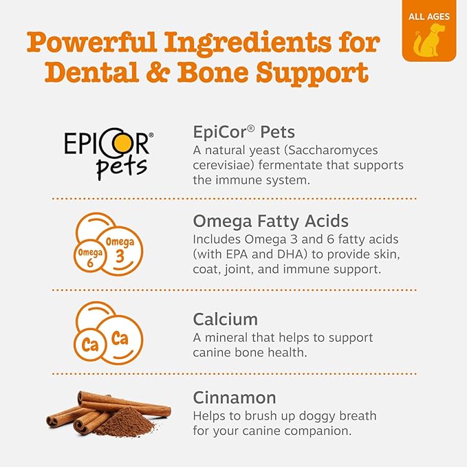 Zesty Paws Dental Bones - Fights Tartar & Plaque - Gum, Teeth & Bone Health - Cinnamon for Dog Breath - Immune, Joint, Gut, Skin & Coat Support - Omega 3 EPA & DHA and Calcium - Large Dogs - 8 ct