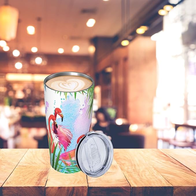 Dujiea 20oz Tumbler With Lid And Straw, Tropical Pink Flamingo Vacuum Insulated Iced Coffee Mug Reusable Travel Cup Stainless Steel Water Bottle