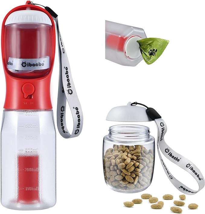 Dog Water Bottle with Food Container & Poop Bag Holder, Travel Water Bowl, Portable Pet Dispenser, Dog Stuff Accessories Items, Puppy Essentials Necessities for Yorkie Chihuahua Walking Hiking