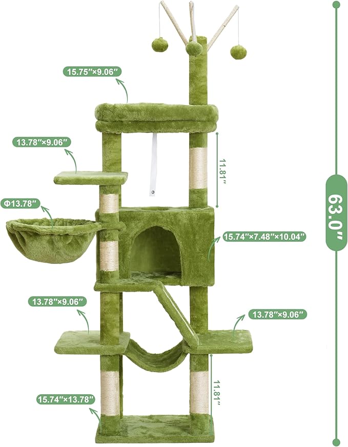 Cat Tree, 63 inch Multi-Level Cat Tower for Indoor Cats, Cat Condo with Cat Scratching Post and Board, Cat Hammock, Green GCT011GR