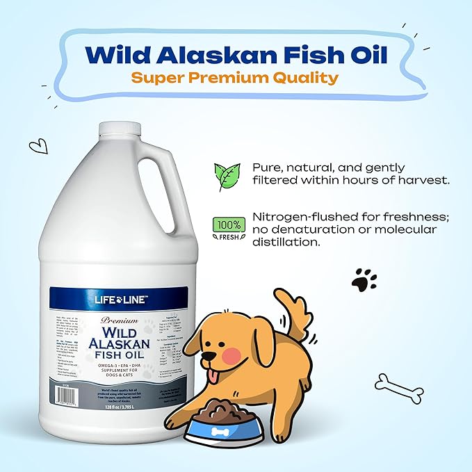 Life Line Pet Nutrition Wild Alaskan Fish Oil for Dogs and Cats 128oz – Omega 3 Fish Oil Supplement for Skin & Coat, Brain, Eye & Heart Health
