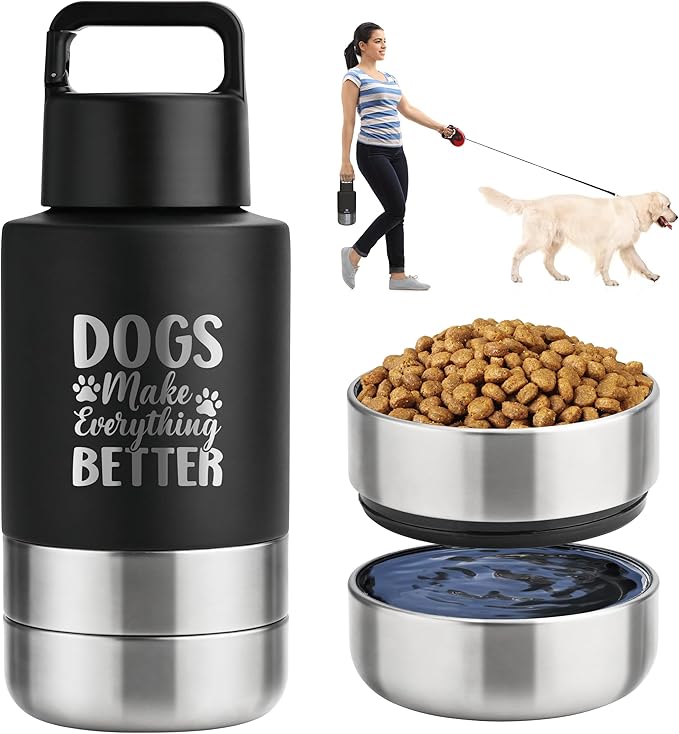 Insulated Dog Travel Water Bottle With Detachable Bowls, Ideal Gifts for Dog Lovers, Portable Water Bottle Dispenser, For Walking, Hiking, Camping, Outdoor (Black:Dogs Better, 32 Oz)