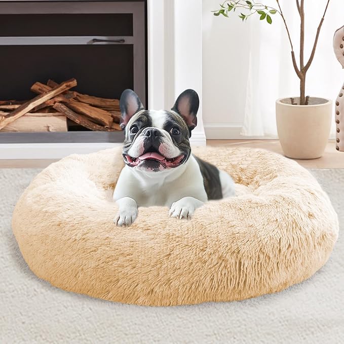JOLLYVOGUE Calming Dog & Cat Bed for Large Dogs, Anti-Anxiety Donut Cuddler Cozy Soft Round Bed with Anti-Slip Bottom, Fluffy Faux Fur Plush Cushion Beds for Medium Dogs (36")