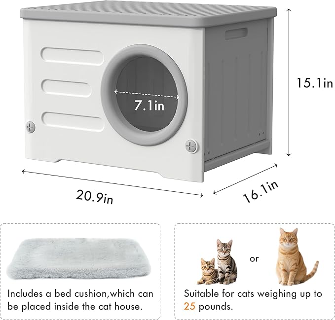 Plastic Outdoor Cat House Weatherproof&Insulated,Waterproof Elevated Cat Shelter Stackable Pet House Cat Wave for Outdoor Indoor Use with Bed Cushion (Grey)