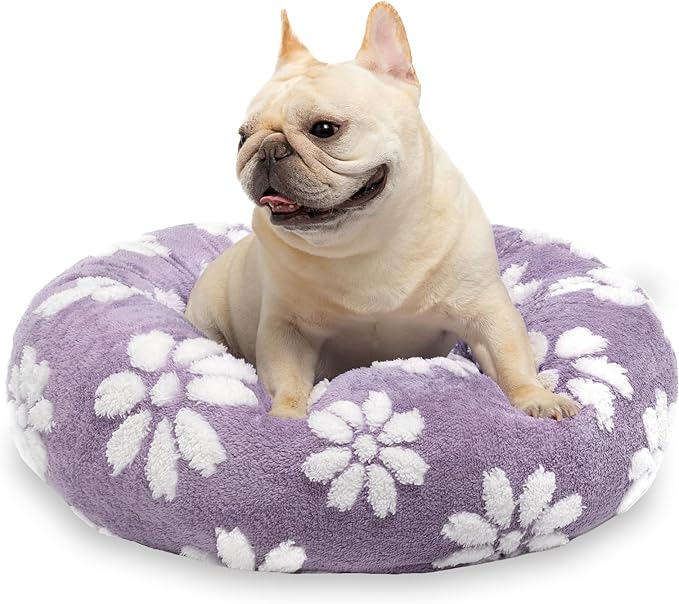 Donut Dog Beds for Small Dogs, Calming Round Cat Beds for Indoor Cats, Cute 3D Textured Flower Pet Bed with Removable Washable Cover and Anti-Slip Bottom(Purple,23")