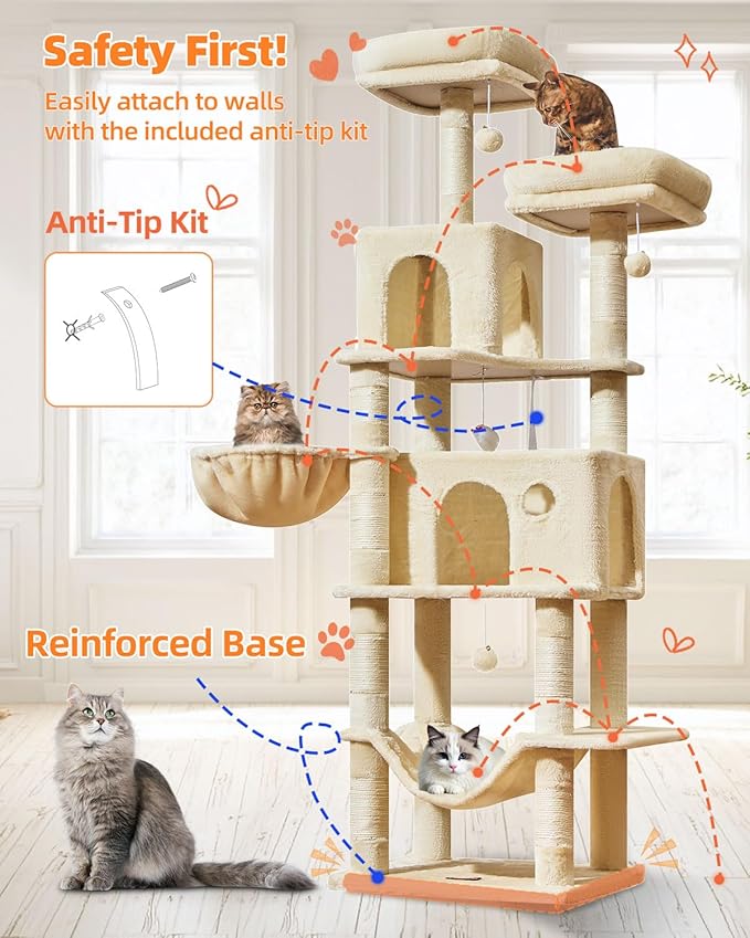 Taoqimiao Large Cat Tree,73-Inch Cat Tree Tower with 9 Scratching Posts for Indoor Cats, 2 Large Cat Condo with Hammock, Hanging Basket, 2 Extended Platform, Beige MS013XLM