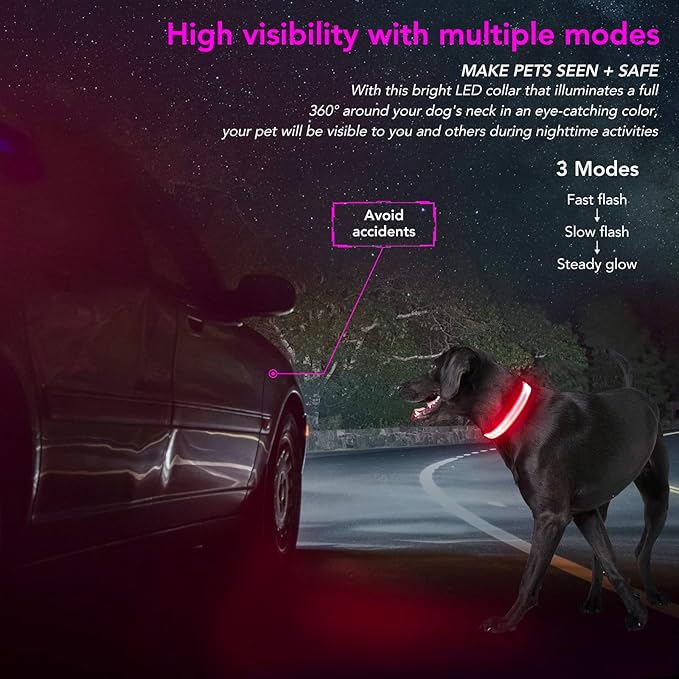 Light Up Collar, Led Dog Collar Adjustable, Rechargeable Waterproof, Night Walking Lights, Glow in Dark for Medium Large Dogs