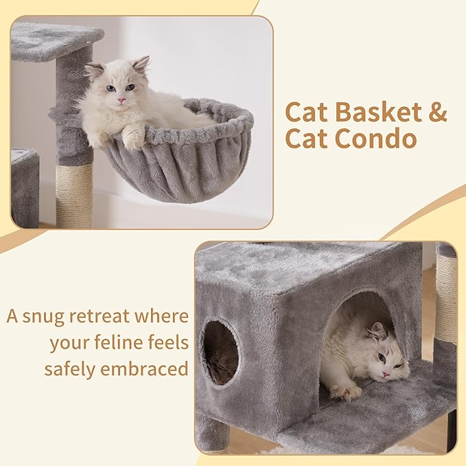 Heybly Cat Tree, 49.2 Inches Cat Tower for Indoor Cats, Spacious Cat House Condo with Hidden Space,Sturdy Steel Tube,Soft Plush Top Perch,Cozy Hammock and Sisal Scratching Posts, Light Gray HCT200SW