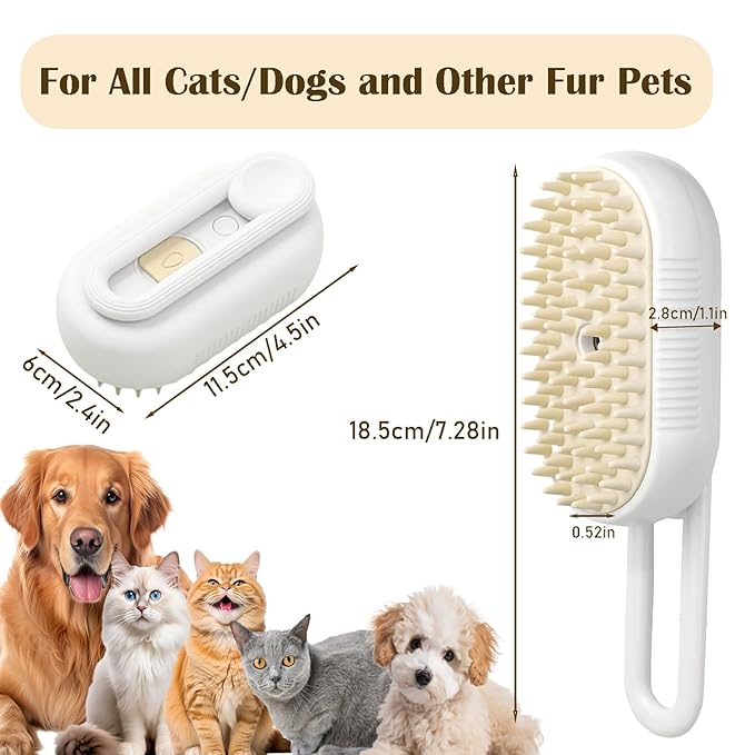 Rechargeable Pet Steam Brush for Cats & Dogs, Self-Cleaning Hair Brush for Shedding, Rotating Handle Cat & Dog Grooming Tool for Long & Short Hair- White