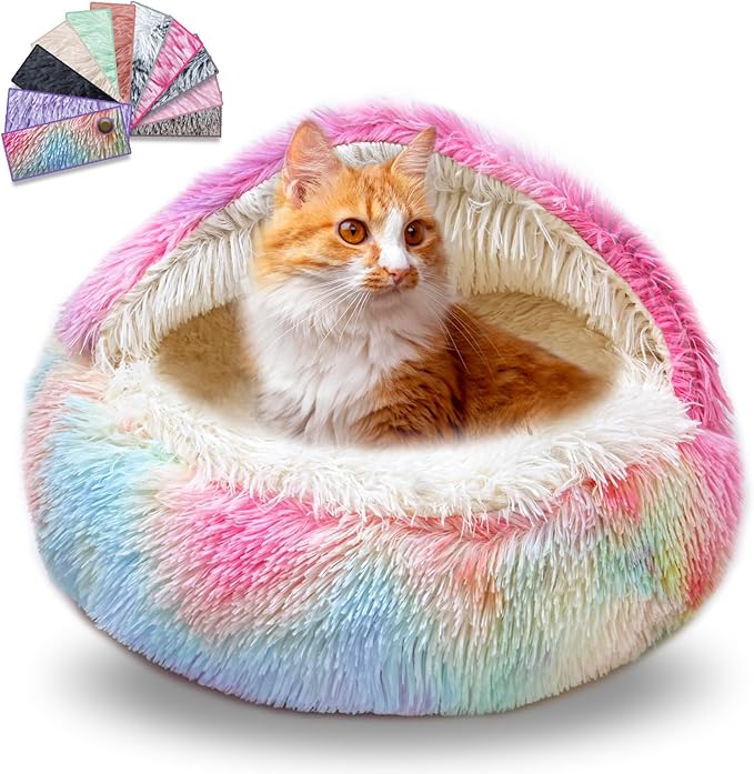 Calming Dog Beds & Cat Cave Bed with Hooded Cover,Washable Round Beds for Small Medium Pets,Anti-Slip Faux Fur Fluffy Coved Bed,Comfortable Warming Pet Bed(20 * 20inch,Dazzle)