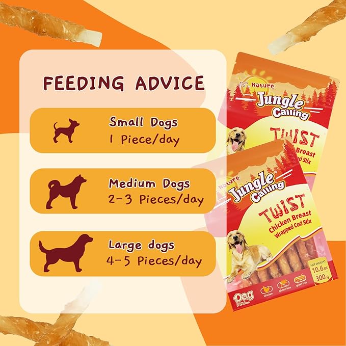 Jungle Calling Rawhide Free Treats for Dogs, Chicken Wrapped Cod Sticks Dog Treats, Soft Chewy Snacks for Training Rewards, 10.6 oz (Chicken)