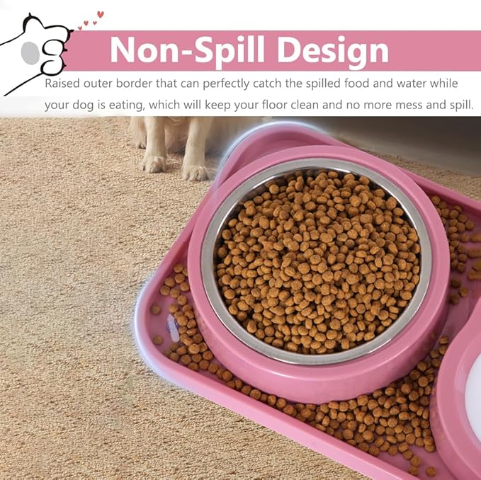 Dog Bowls, Non-Slip Puppy Cat Food and Water Bowl Set with Water Dispenser and Stainless Steel Bowl Detachable Gravity Pet Feeder and Waterer Set for Cats Dogs Puppy Rabbit (Blue)