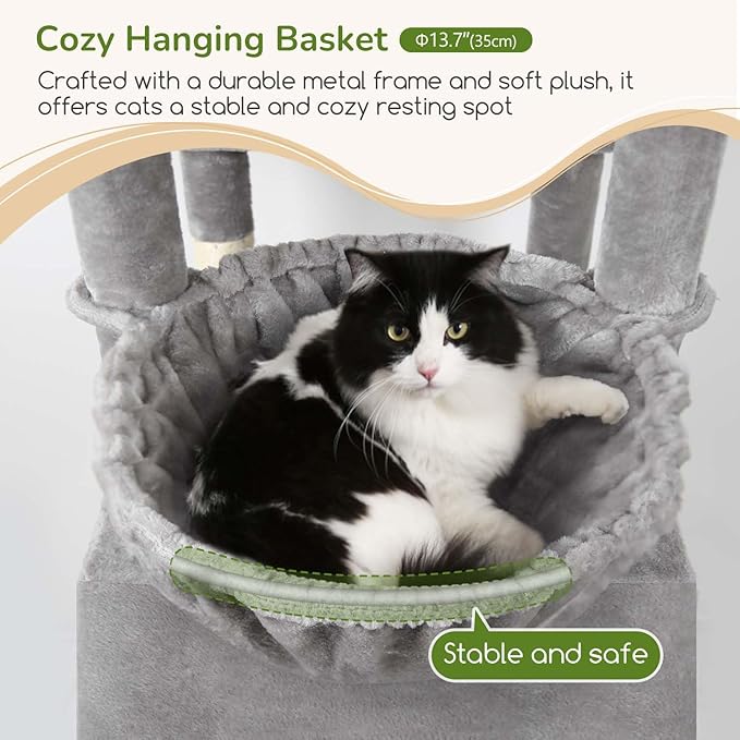 Globlazer Large Cat Tree Tower for Indoor Cats, 74in Tall Sturdy Cat Tree Condo for Large Cat with Scratching Posts and Board, Cat Condos for Adult Cats Kittens, Top Perches,Pet Bed, F74D, Light Grey