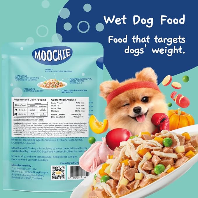 MOOCHIE Grain Free Small Dogs Wet Dog Food - Weight Control - Turkey, Sweet Potato & Pumpkin - No Artificial Flavors or Preservative - 12 x 3 oz Pouch