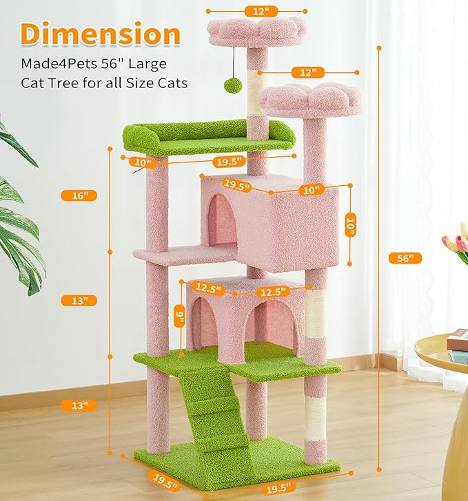 Made4Pets Cat Tree Tower 56" Cat Tower for Indoor Cats Kitten Tree Multi-Level Cat Tree with 2 Condo Furniture Activity Center with Scratching Posts Funny Toys (Pink Flower Green)