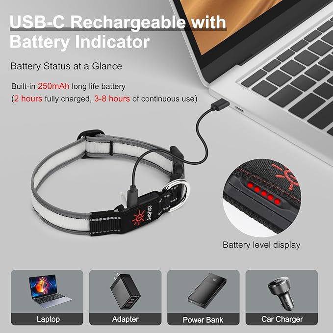 Light Up Dog Collar, Multicolor LED Dog Collar with 7 Modes, USB-C Rechargeable Reflective Glow Collar, Waterproof & Adjustable Design with Battery Indicator for Safe Night Walks(Large)