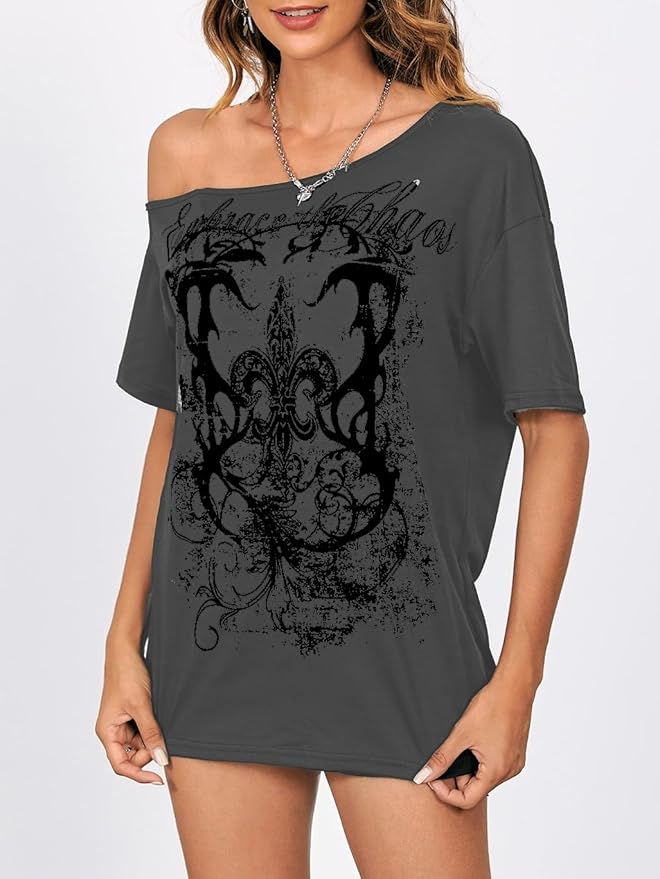 SOLY HUX Women's Off The Shoulder Tops Graphic Tees Y2k Vintage Gothic Oversized T Shirts Streetwear