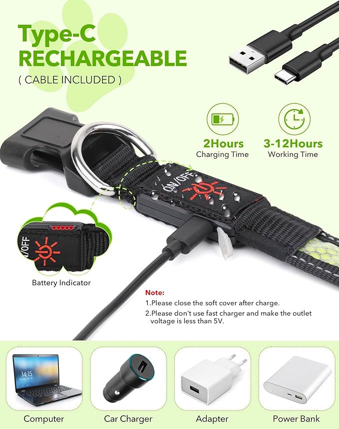 Weesiber Light Up Dog Collar - Reflective LED Dog Collar Rechargeable Glow in The Dark Pet Collar, Safety Doggie Lights for Night Walking(Green, S)