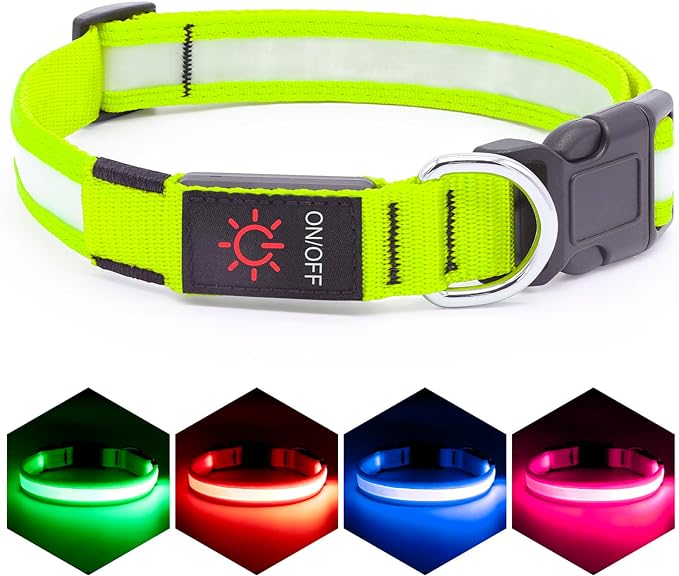 Vizpet LED Dog Collar, Light Up Dog Collar Adjustable USB Rechargeable Super Bright Safety Light Glowing Collars for Dogs(Large,Green)