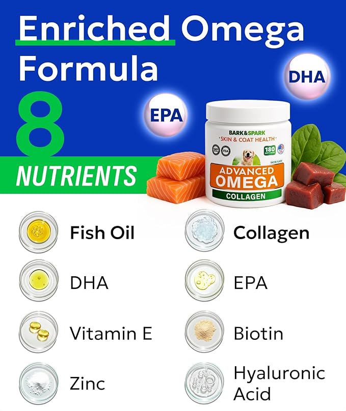 BARK&SPARK Advanced Omega-3 Collagen for Dogs - 180 Fish & Salmon Oil Treats for Dog Shedding, Skin Allergy Chews, Itch Relief, Hot Spots Treatment - Jointm Skin & Coat Supplement, EPA&DHA Fatty Acids
