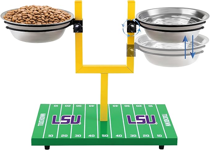 NCAA LSU Tigers Goalpost Football Field Dog Feeder – Adjustable Elevated Dog Bowls with Stand, 2 Stainless Steel Bowls, Non-Slip Rubber Feet, Raised Pet Feeder for Large & Small Dogs