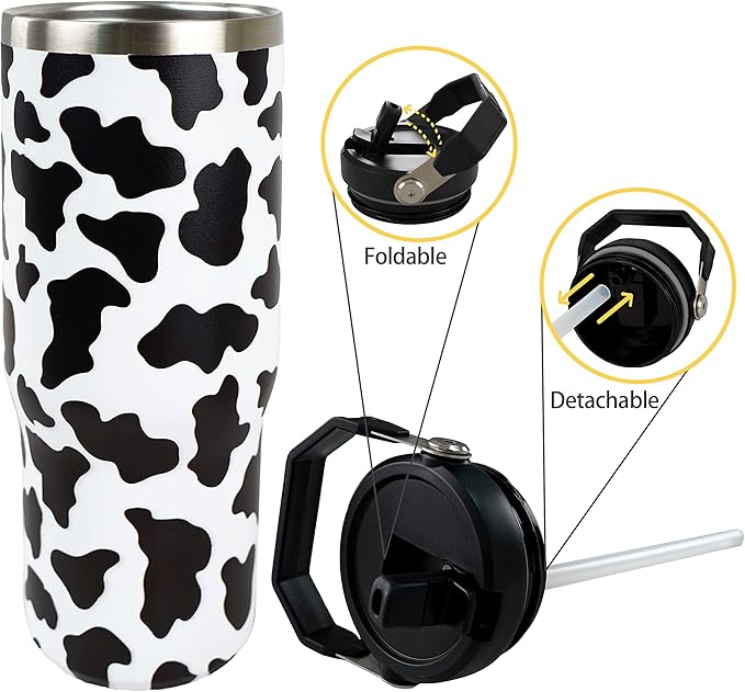 30oz Cow Print Tumbler with Handle and Straw, Stainless Steel Vacuum Insulated Coffee Tumbler, Travel Mug Water Bottle, Cow Stuff Accessories Decor, Cow Gifts for Women