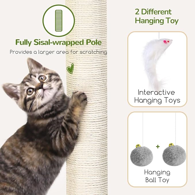 Globlazer Cat Tree Tower Cat Condo for Mutilple Indoor Cats, 70in Tall Cat Tree Furniture Activity Center with 4 Cat Condos, 3 Scratching Posts, 2 Hanging Baskets, Padded Top Perch, F70C, Light Gray