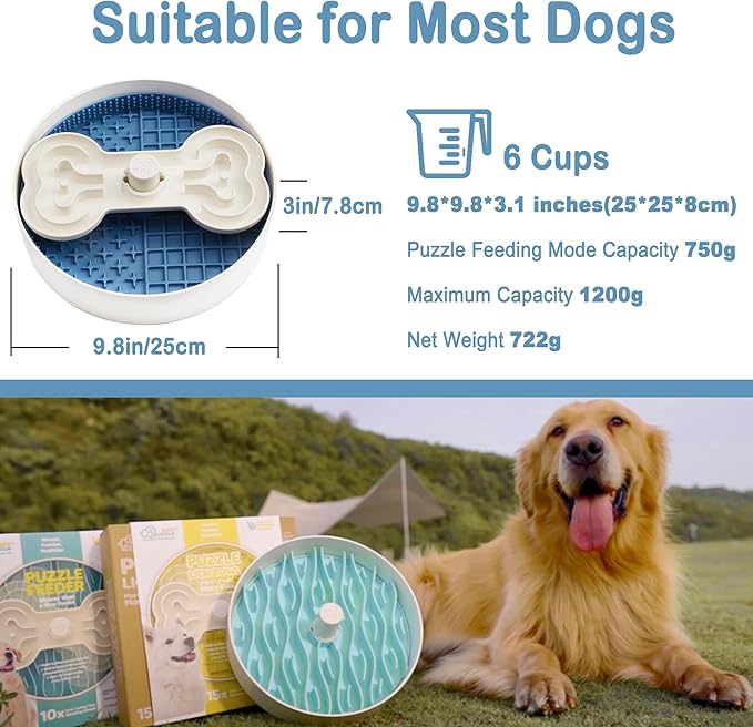 Suhaco 4 in 1 Puzzle Feeder Dog Bowls Slow Feeder Dog Bowls Large Slow Feeding Bowl for Dogs, Dog Puzzle Game Slow Feeder for Dry and Wet Food Dog Food Bowl for Large Dogs, 9.8IN (Blue)