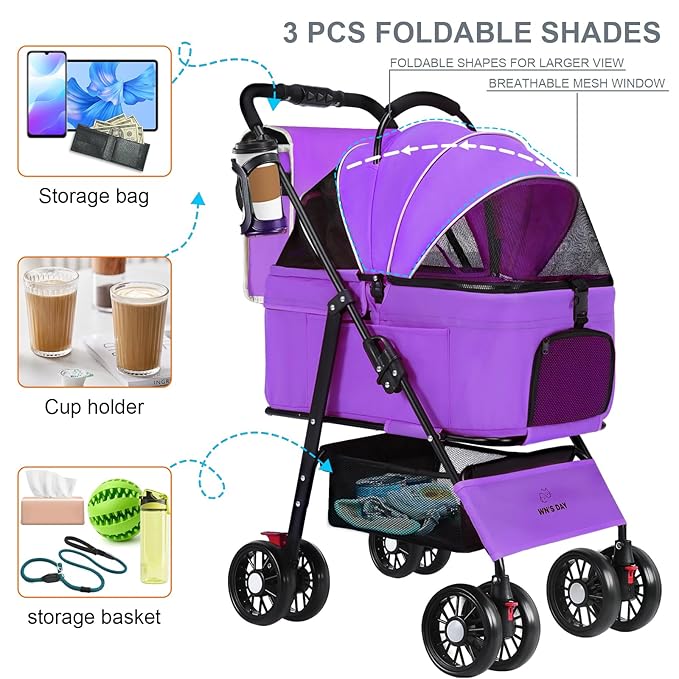 3 in 1 Pet Dog Stroller for Small Medium Dogs 10-50 lbs, Foldable Cat-Strollers for 2-Cats with Removable Carrier, Pet-Strollers for Cats with Storage Bag, Small Puppy-Stroller, Dog-Cart (Pink)
