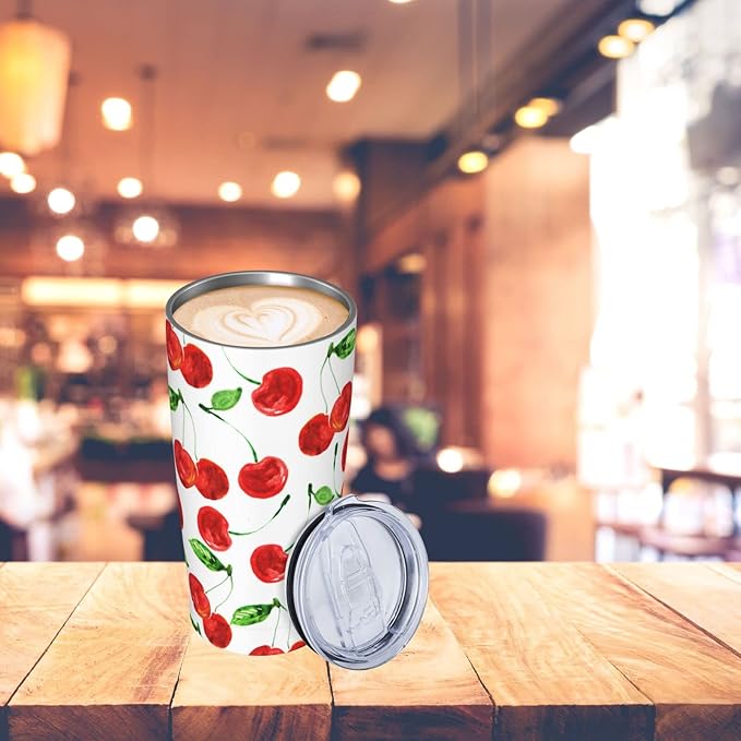 Dujiea 20oz Tumbler With Lid And Straw, Sweet Red Cherry Vacuum Insulated Iced Coffee Mug Reusable Travel Cup Stainless Steel Water Bottle