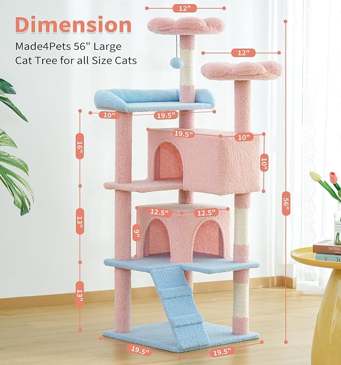 Made4Pets Cat Tree Tower 56" Cat Tower for Indoor Cats Kitten Tree Multi-Level Cat Tree with 2 Condo Furniture Activity Center with Scratching Posts Funny Toys (Pink Flower Blue)