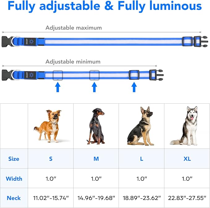 Vizpet LED Dog Collar, Light Up Dog Collar Adjustable USB Rechargeable Super Bright Safety Light Glowing Collars for Dog(Large,Blue)