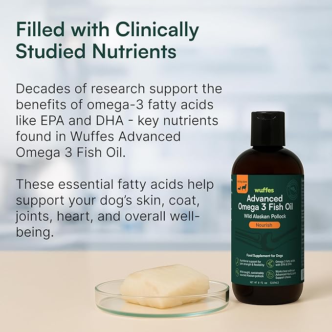 Wuffes Advanced Omega 3 Fish Oil for Dogs, Natural EPA & DHA Fatty Acids, Supports Healthy Skin and Coat, Joint Nutrition, Digestion & Immune System - 100% Pure Wild Alaskan Fish Oil, 16 Oz