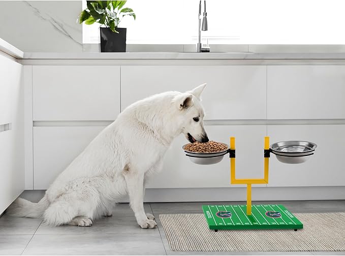 NCAA Florida Gators Goalpost Football Field Dog Feeder – Adjustable Elevated Dog Bowls with Stand, 2 Stainless Steel Bowls, Non-Slip Rubber Feet, Raised Pet Feeder for Large & Small Dogs
