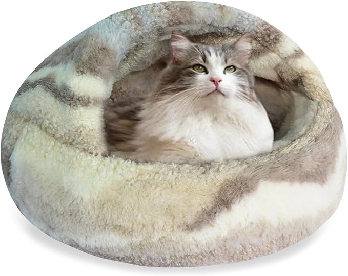 HYQ Cat Beds for Indoor Cats, Small Dog Bed with Cover Cave, Cozy Cat Cave Bed, Round Puppy Bed with Hooded Cover, Dog Beds for Small Dogs with Anti-Slip Bottom(Khaki Texture, 20×20 Inch)