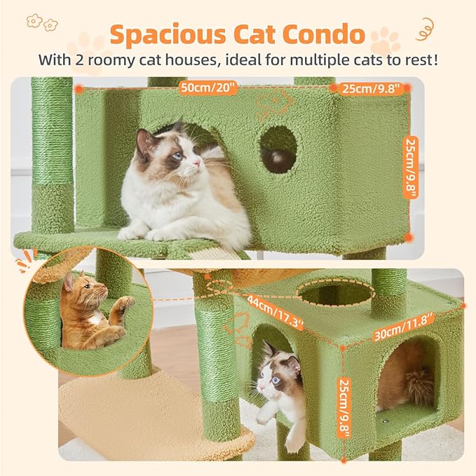 Taoqimiao Cactus Cat Tree, 71-Inch Cat Tower for Indoor Cats Large Adult, Multi-Level Large Cat Condo, 8 Sisal Scratching Posts, Metal Frame Cozy Hammock, Scratch Board, 2 Top Perches, MSC026L