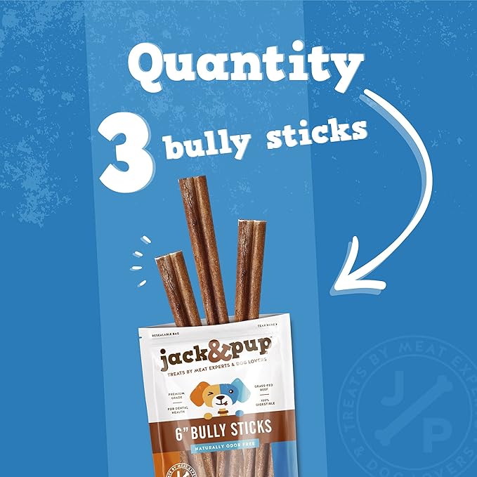 Jack&Pup 6-inch Pizzle Sticks for Dogs (3 Pack) All Natural Thick Bully Sticks for Dogs | Long Lasting Bully Sticks