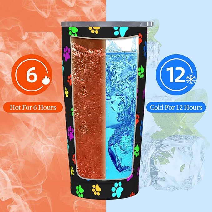 Dujiea 20oz Tumbler With Lid And Straw, Colorful Dog Cat Paw Print Vacuum Insulated Iced Coffee Mug Reusable Travel Cup Stainless Steel Water Bottle