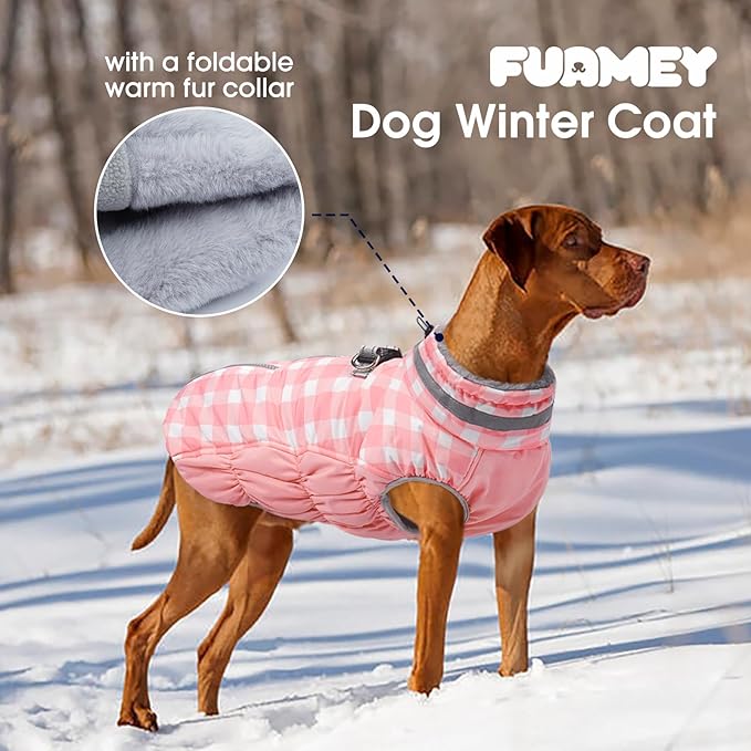 FUAMEY Dog Coat for Large Dogs,Waterproof Dog Winter Jacket with Harness Built in Puppy Cold Weather Coats Reflective Pet Vest with Zipper Warm Fleece Dogs Snowsuit Windproof Pink Plaid XL