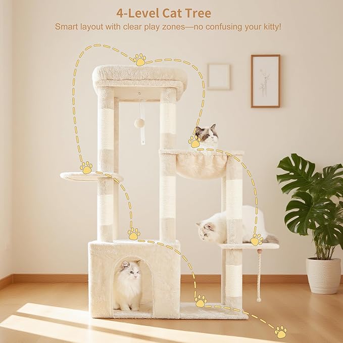 Heybly Heavy Duty Cat Tree, Tower for Indoor Cats Large Adult, Tall Cat Condo House with Extra-Large Baseboard, Multi-Level Plush Furniture with Scratching Posts, Hammock, Toy Ball, Beige HCT026M