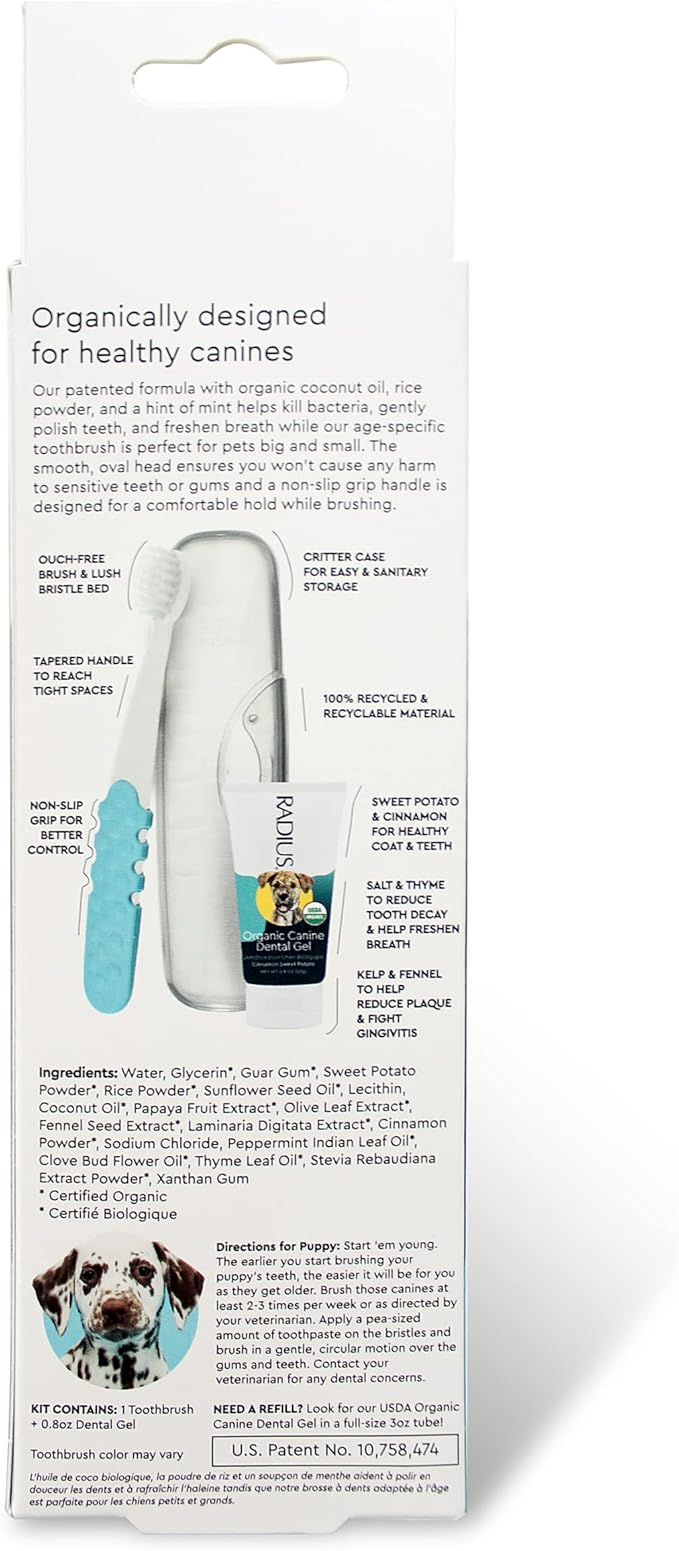 RADIUS USDA Organic Dental Solutions Puppy Kit 1 Unit, 1 Dog Toothbrush & 1 0.8oz Toothpaste, Ultra Soft Bristle & Non Toxic Toothpaste for Dogs, Designed to Clean Teeth, Xylitol Free